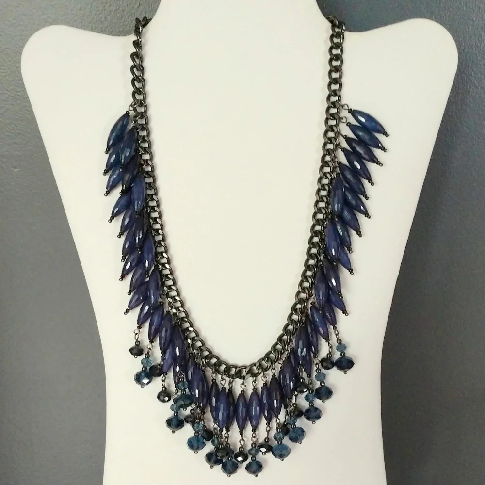 Dark blue beaded fringe tassel statement necklace